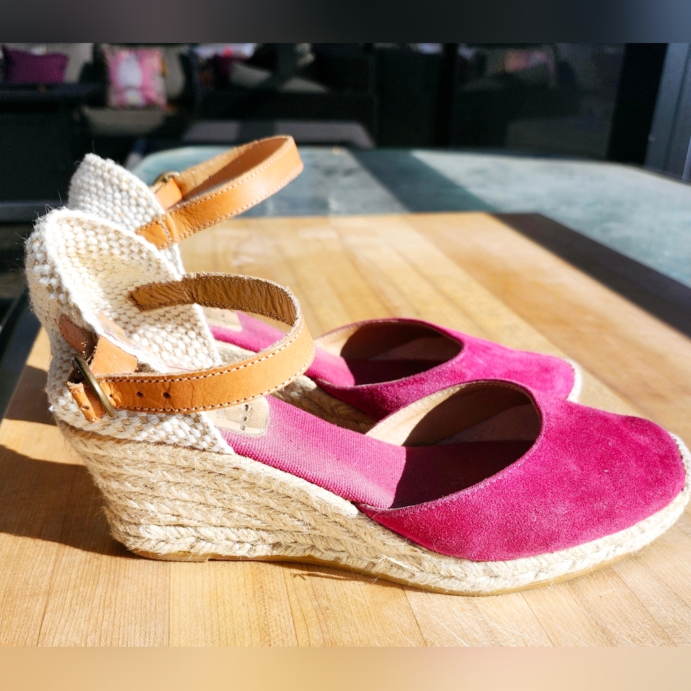 Women's Pink Suede Espadrille Wedge Sandals